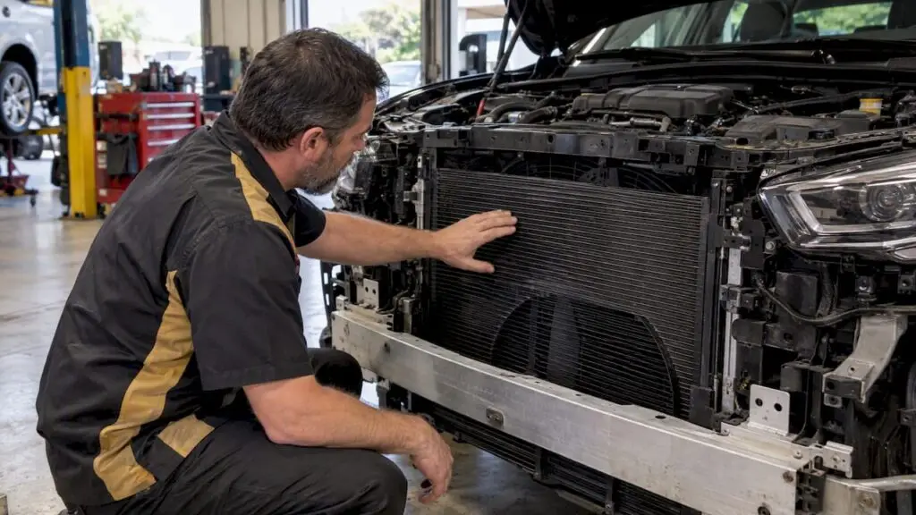 Technician inspecting AC condenser cooling fan