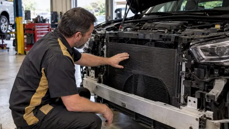 Technician inspecting AC condenser cooling fan