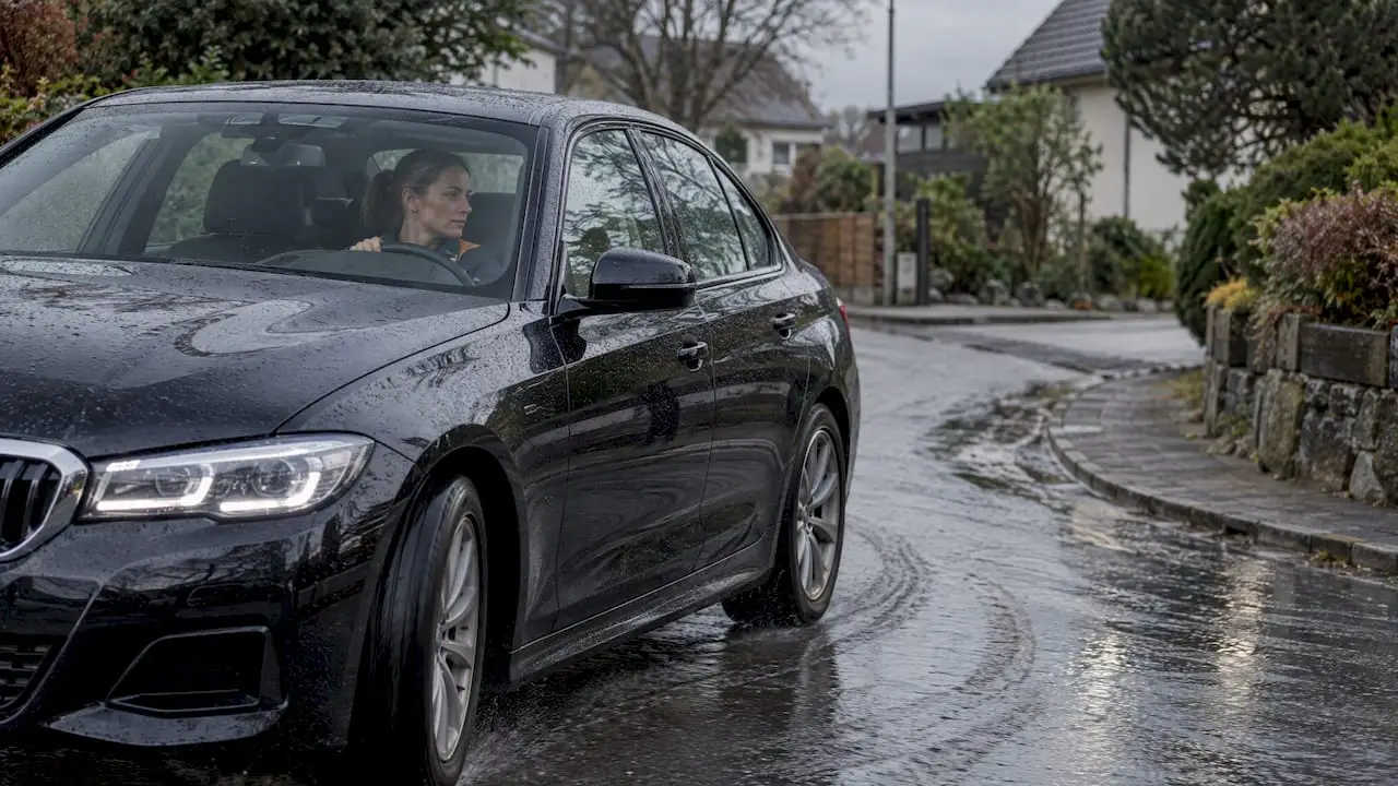 European sedan during wet road test