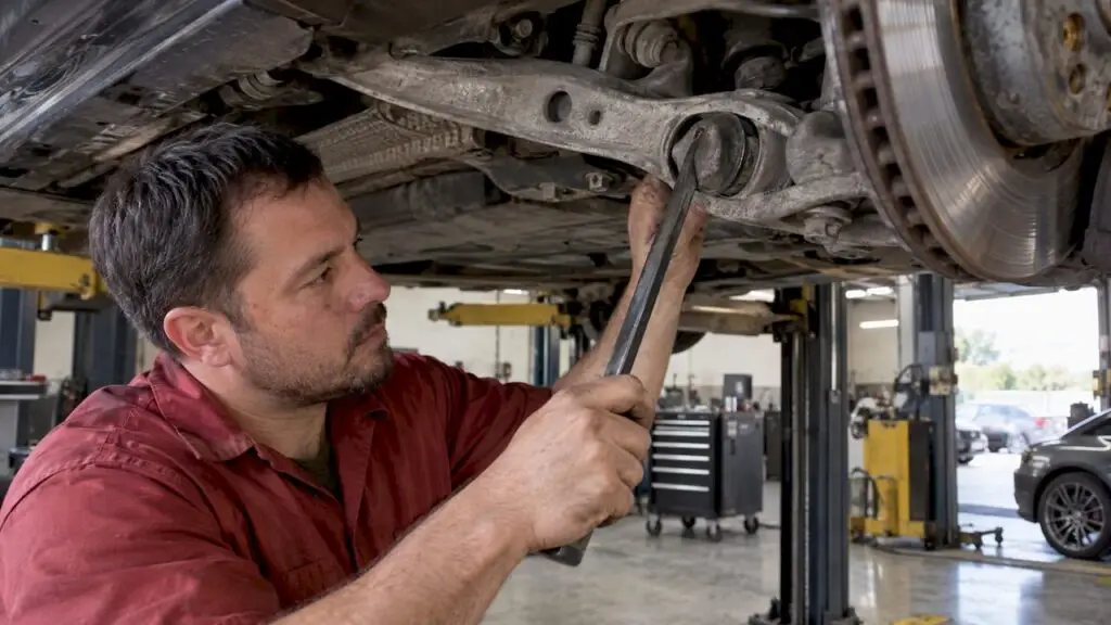Technician inspecting a control arm bushing