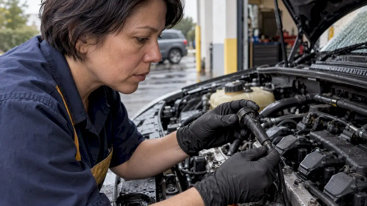 Technician inspecting damp spark plug boot