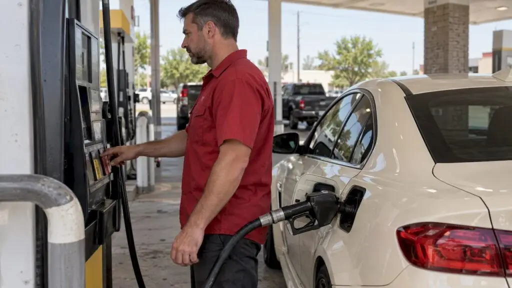 Driver choosing fuel at a gas pump