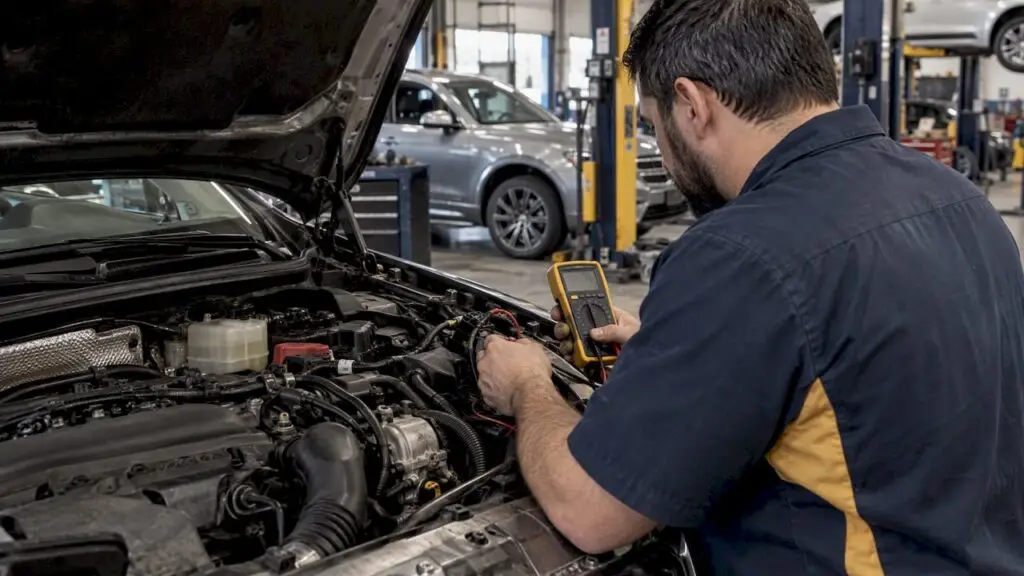 Technician testing vehicle electrical wiring