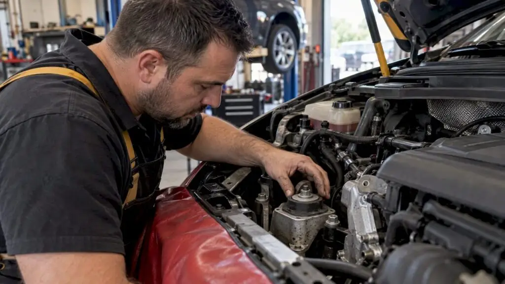Technician inspecting an exposed engine mount