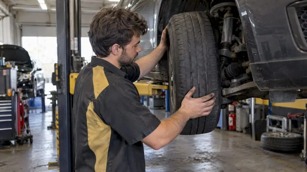 Technician checking raised car suspension