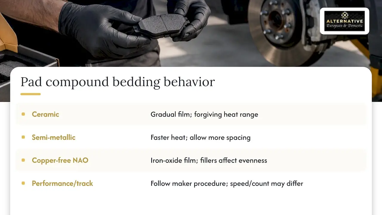 Bedding differences across four brake pad compounds