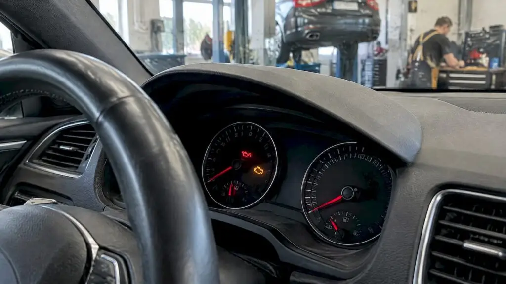 Red and amber lights on a car dashboard