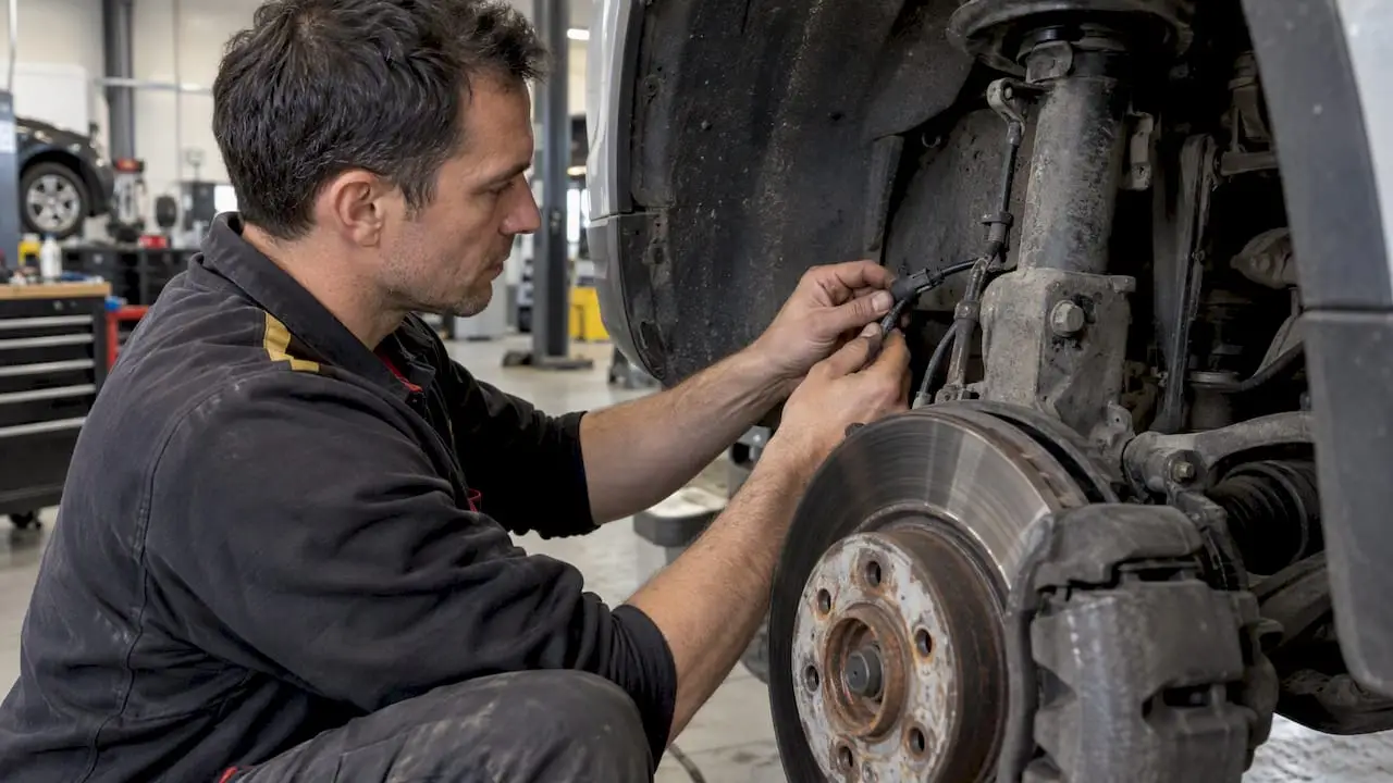 Technician checking ABS sensor wiring at wheel hub