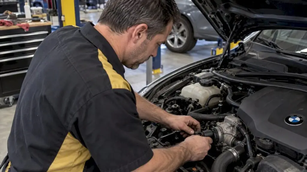 Technician inspecting a BMW cooling pump