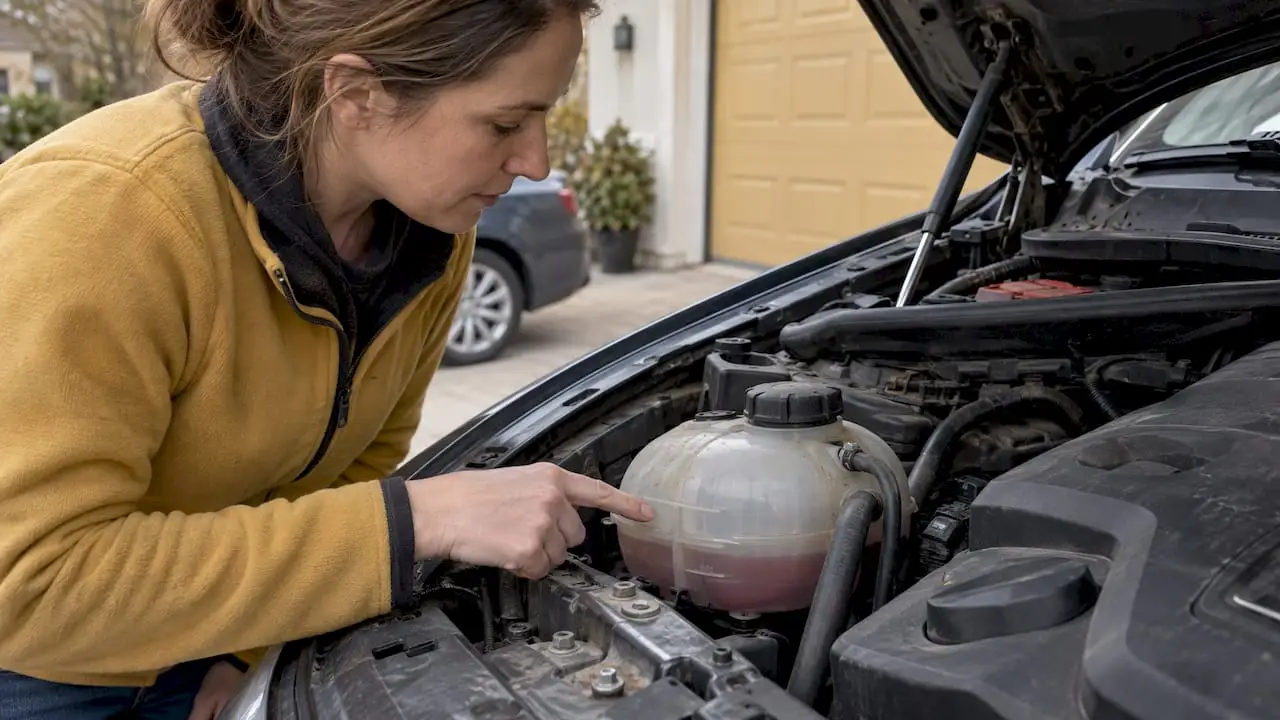 Driver checking a BMW coolant reservoir