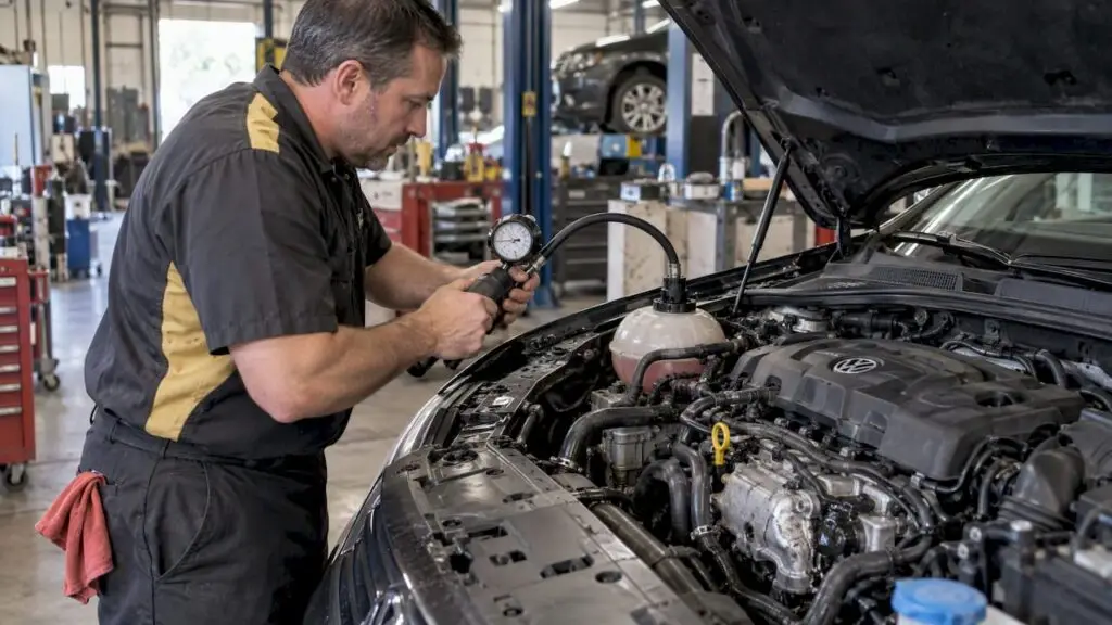 Technician testing a Volkswagen water pump leak