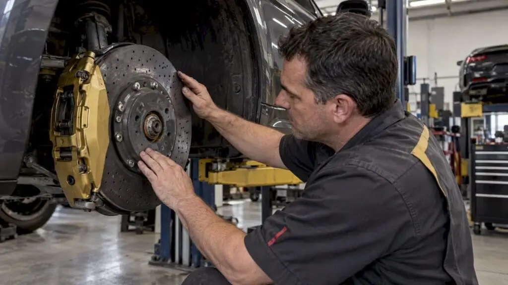 Technician inspecting a carbon ceramic brake rotor
