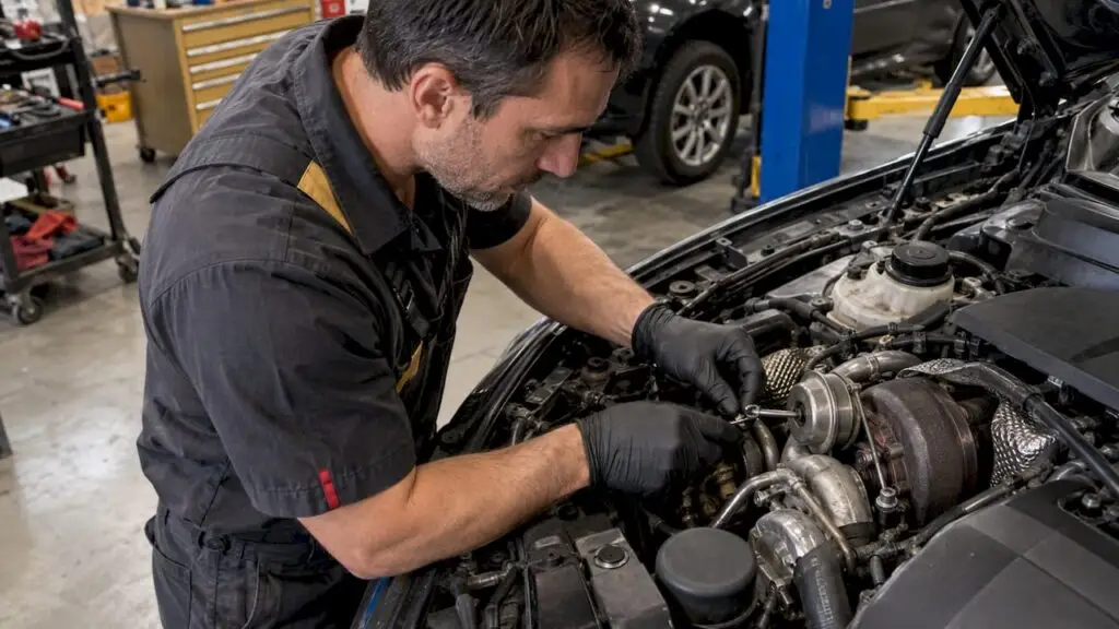 Technician inspecting a BMW wastegate linkage