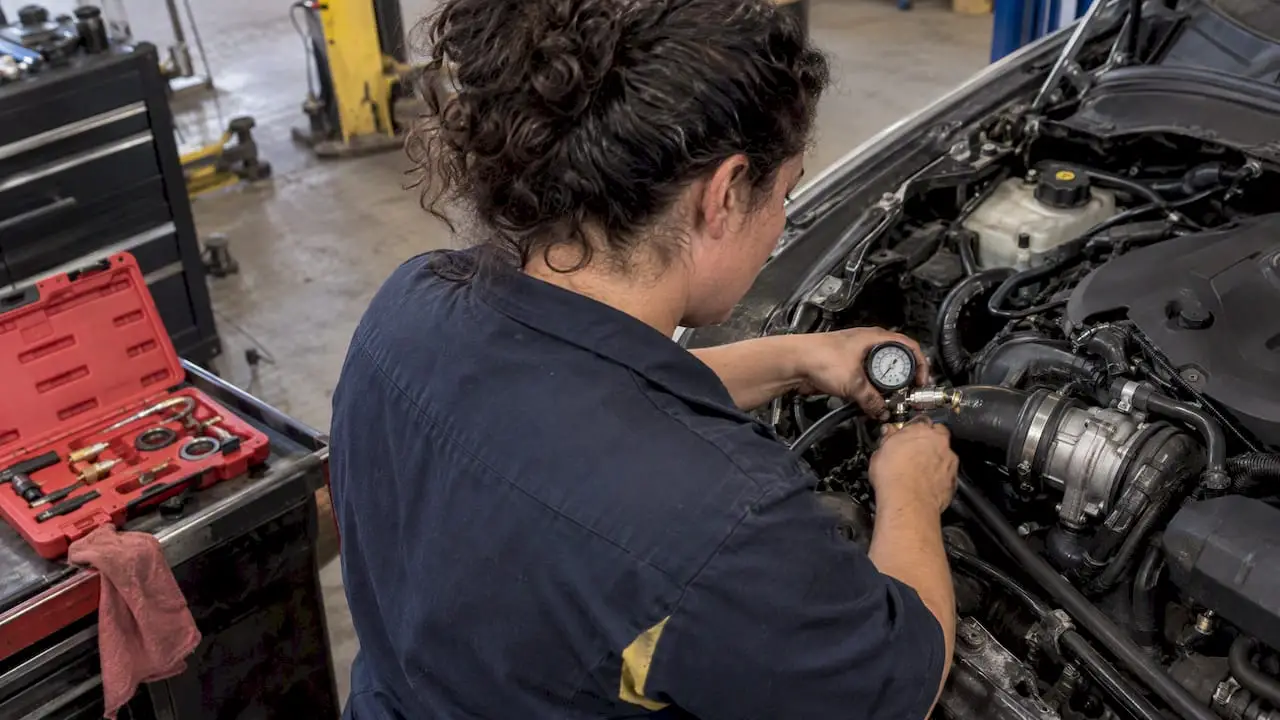 Technician pressure-testing turbo charge-air plumbing