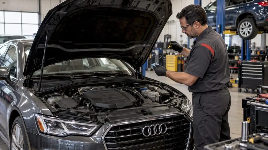 Technician checks oil in an Audi engine