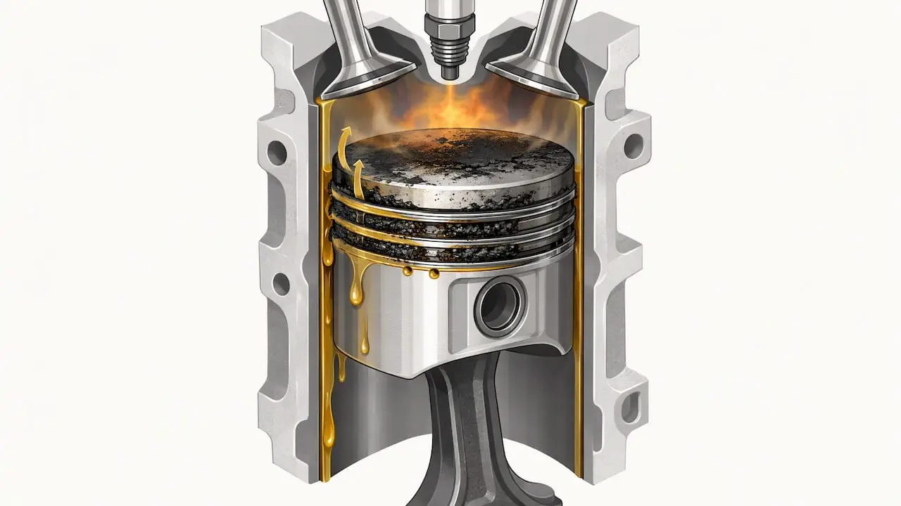 Oil passes stuck carbon-coated piston rings