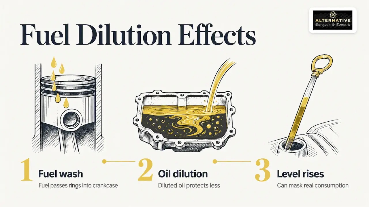 Fuel dilution and the "missing" oil that is not missing — overview diagram