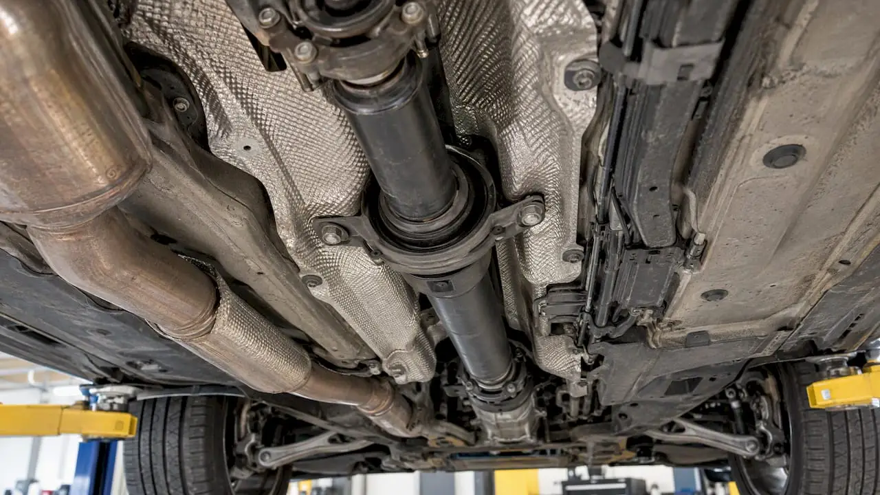 Driveshaft and center support bearing underneath a car