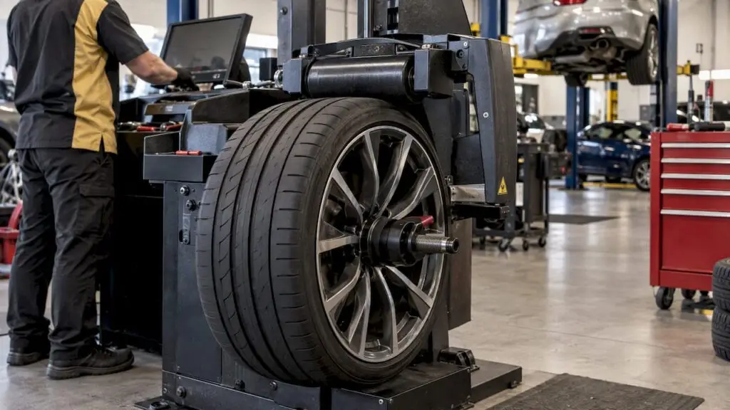 Wheel and tire undergoing road-force testing
