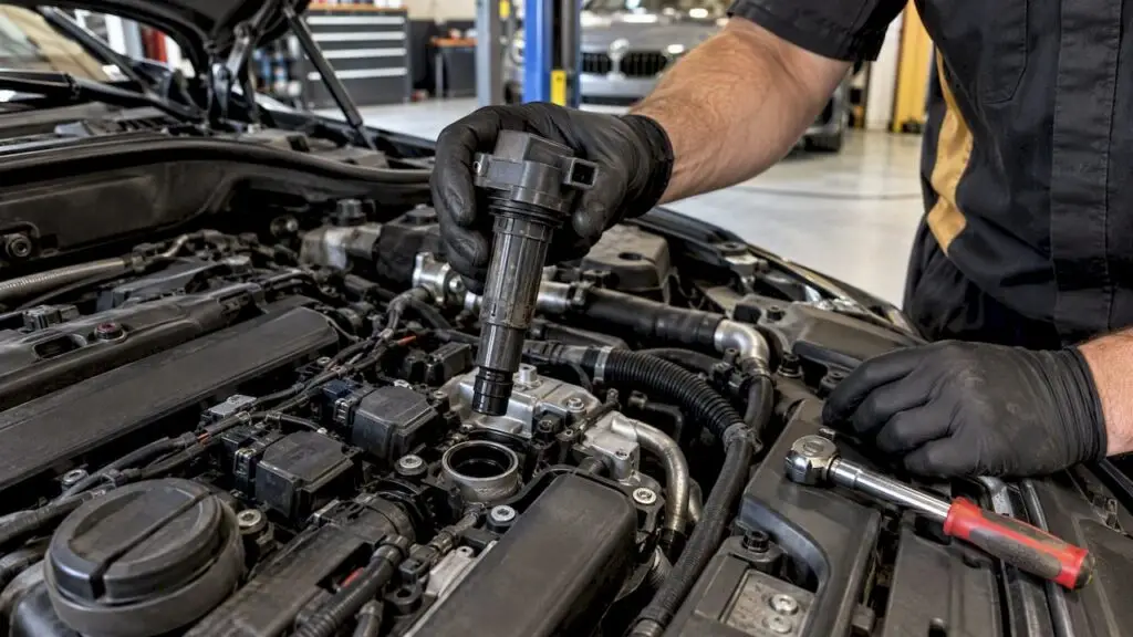 Ignition coil beside an exposed engine coil well