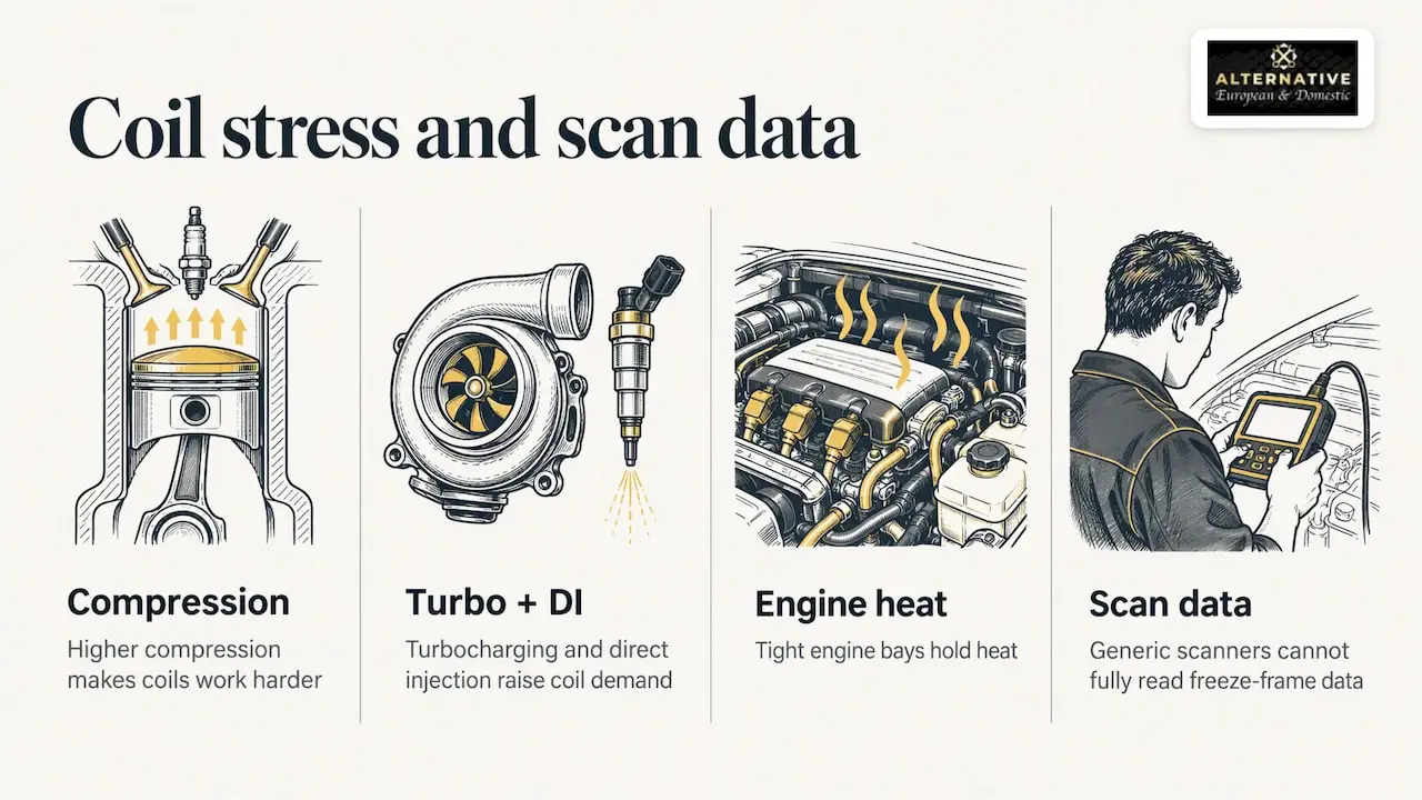 Engine conditions and scan data related to coil problems