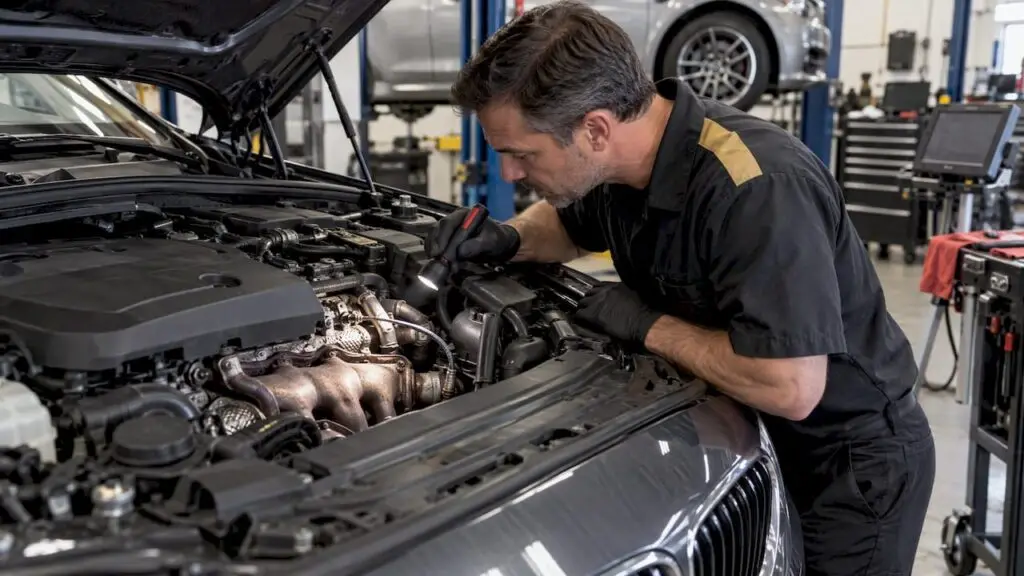 Technician inspecting a sooty exhaust manifold joint