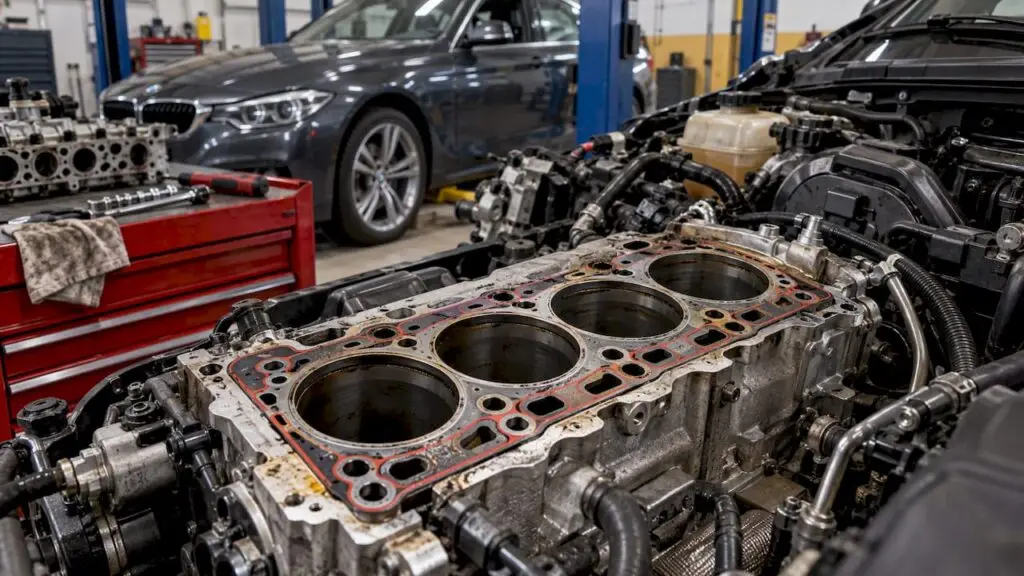 Head gasket exposed on an opened engine