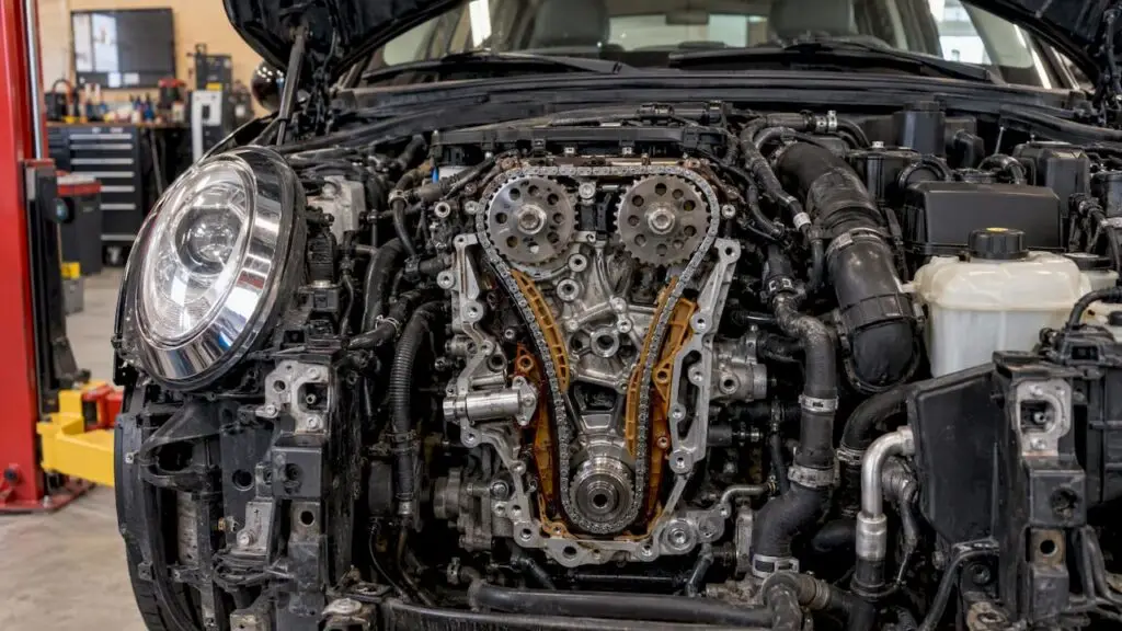 MINI engine timing chain and guides exposed