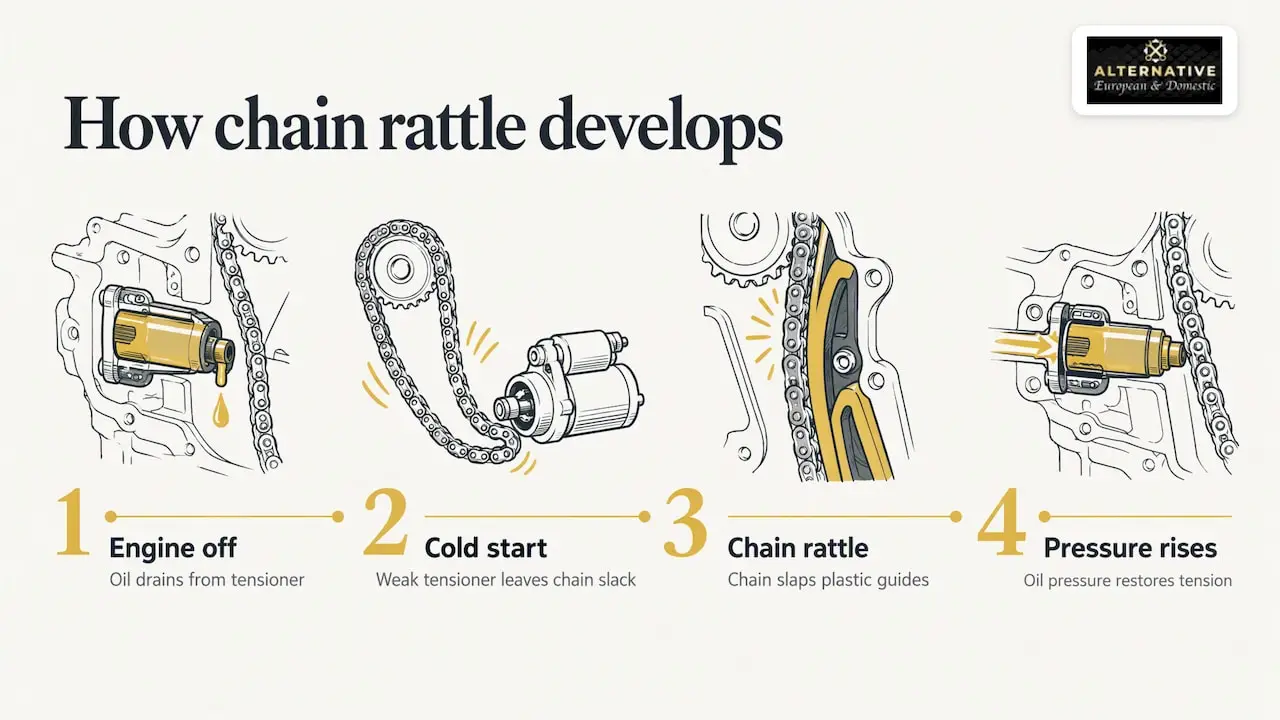 How a weak tensioner causes startup rattle