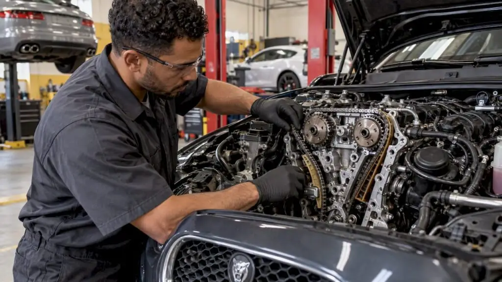 Technician inspecting a Jaguar timing chain