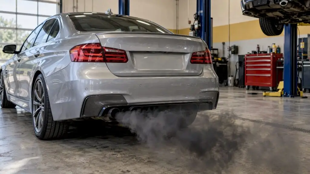Dark exhaust plume from a silver sedan